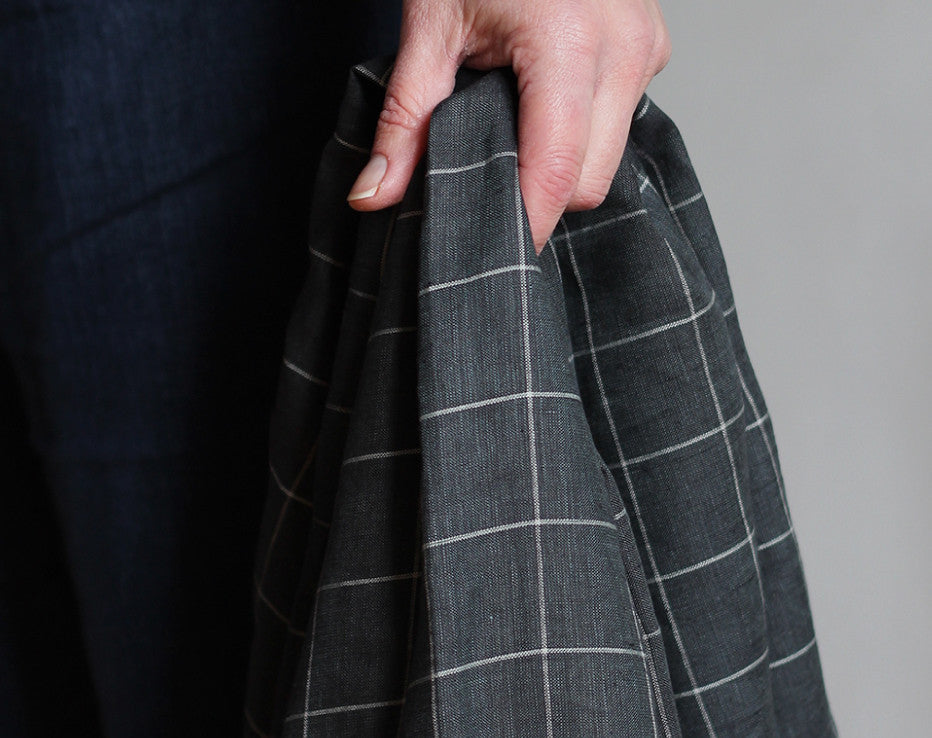 Charcoal Windowpane Check 100% Linen from Italy
