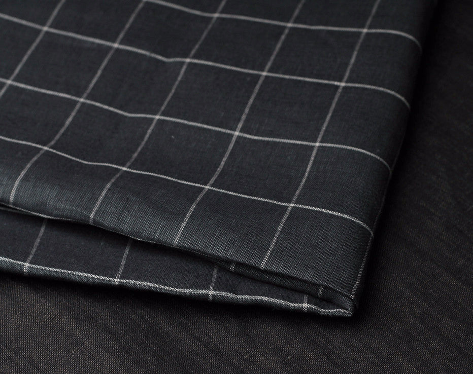 Charcoal Windowpane Check 100% Linen from Italy