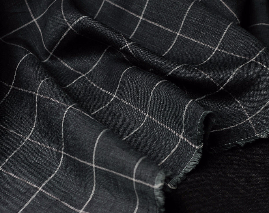 Charcoal Windowpane Check 100% Linen from Italy