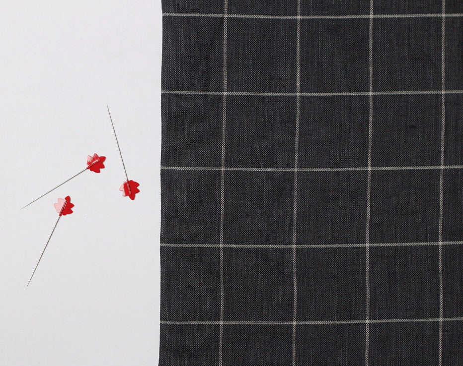 Charcoal Windowpane Check 100% Linen from Italy