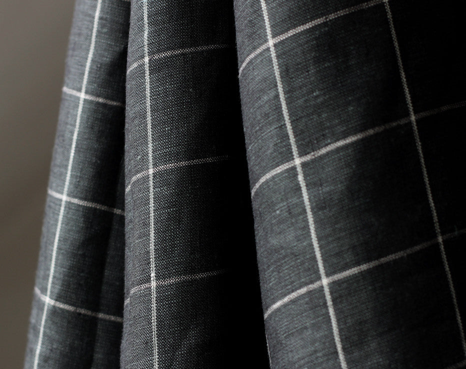 Charcoal Windowpane Check 100% Linen from Italy