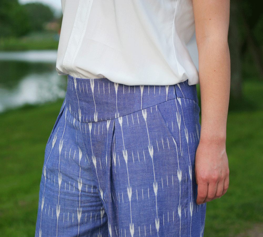 Customer Creation and Paprika Sewing Pattern - Amber Trousers made using Faberwood Ikat fabric